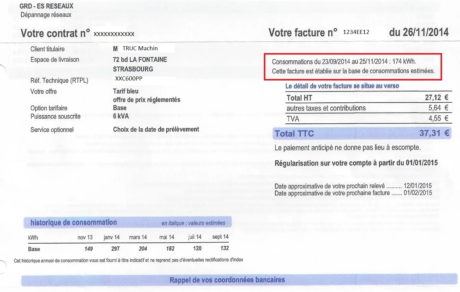 Exemple de facture d'électricité française au tarif bleu, avec référence technique du point de livraison, consommation en kWh et montant total
