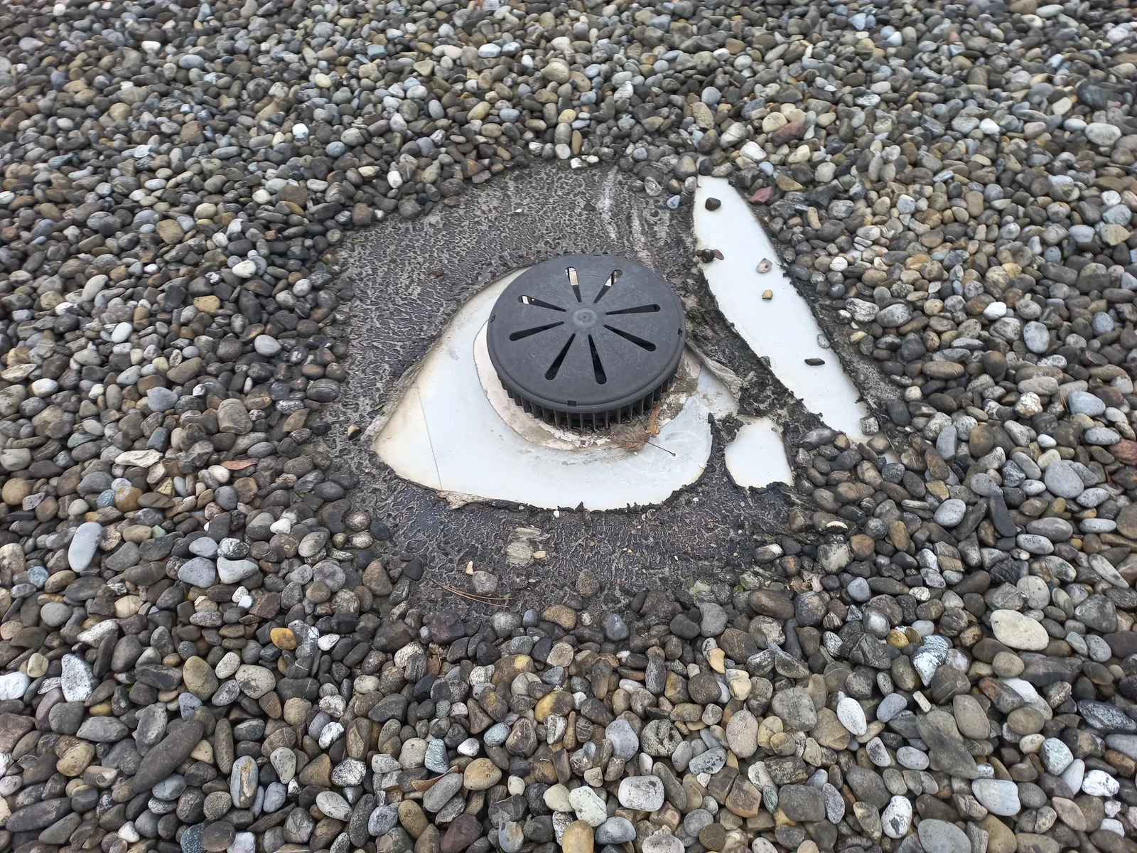 Bouche d'évacuation des eaux pluviales d'une toiture-terrasse lestée de gravillons, avec la membrane d'étanchéité visible autour